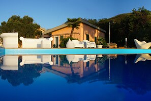 Outdoor pool, pool umbrellas, pool loungers