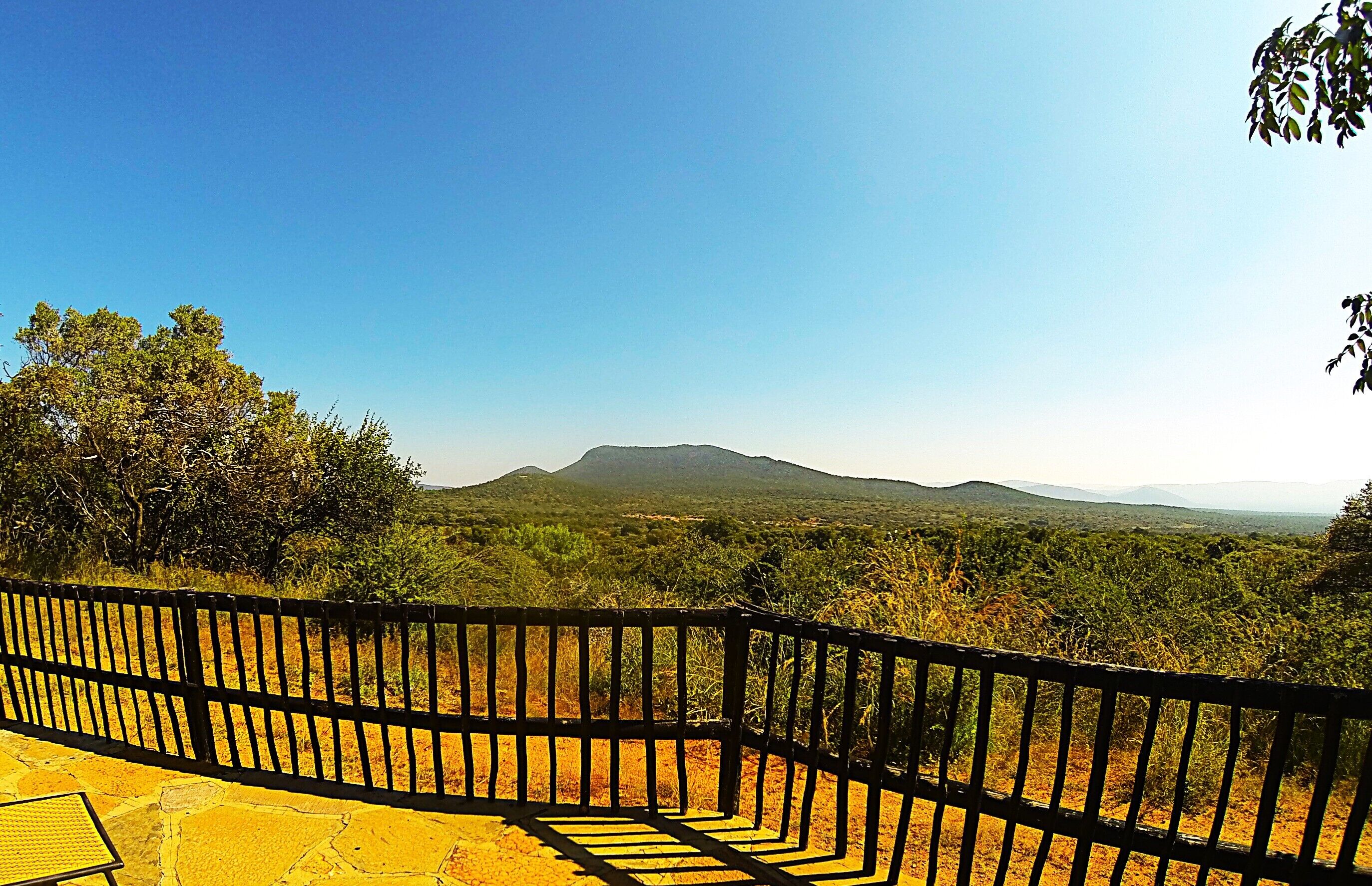 Vista panorámica desde un balcón con baranda de metal, sobre un paisaje montañoso y vegetación densa.