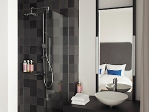 Shower, rainfall showerhead, eco-friendly toiletries, hair dryer