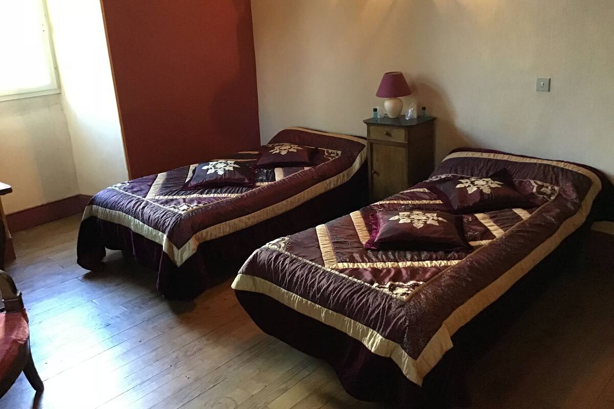 Two single beds with matching headboards and footboards, a nightstand with a lamp, and a wooden floor.