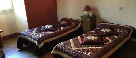 Two single beds with matching headboards and footboards, a nightstand with a lamp, and a wooden floor.