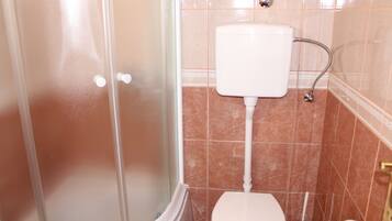 A bathroom with a glass shower enclosure, a toilet, and a sink.