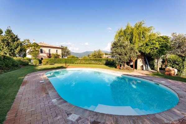 Seasonal outdoor pool, pool loungers