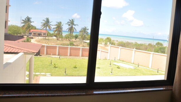 Une vue à travers une fenêtre donnant sur un quartier résidentiel, avec une pelouse, des palmiers et une plage visible au loin.