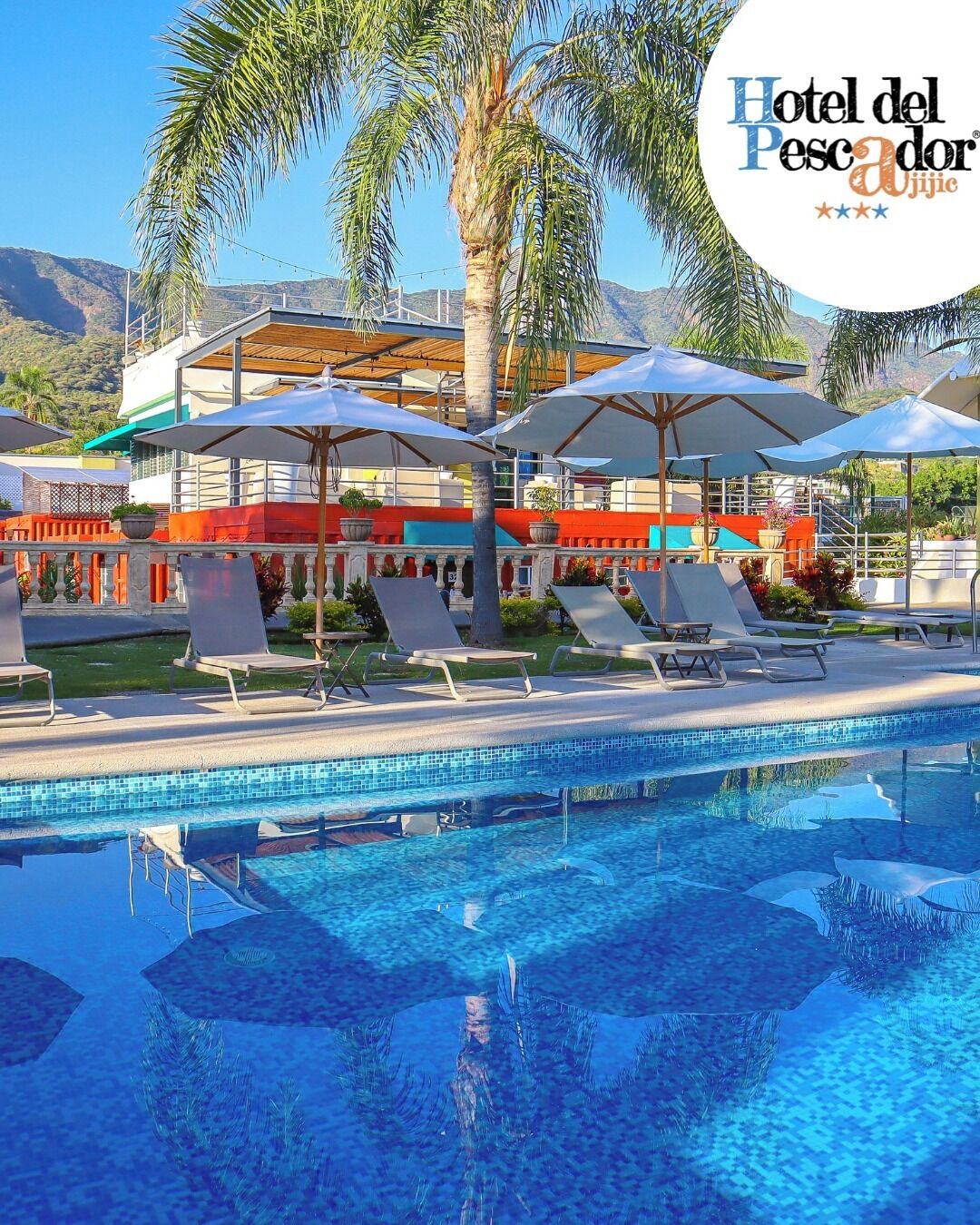 outdoor pool, pool umbrellas, pool loungers