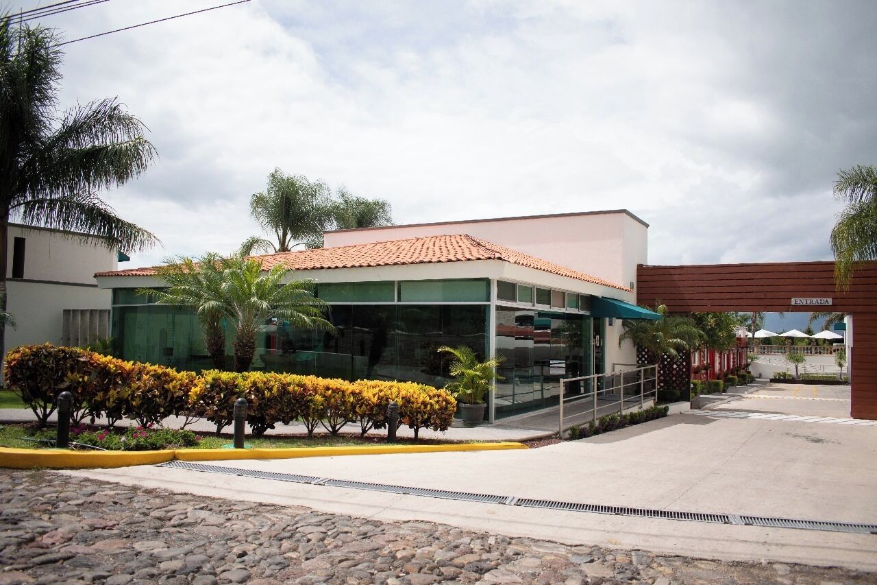 A modern building with a glass facade, a tiled roof, and a well-maintained garden with yellow flowering shrubs.