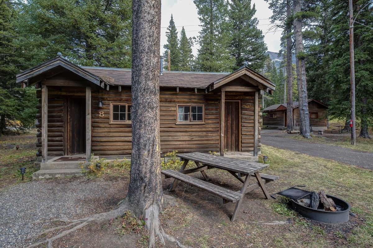 A rustic cabin with a picnic table and a fire pit, surrounded by trees.