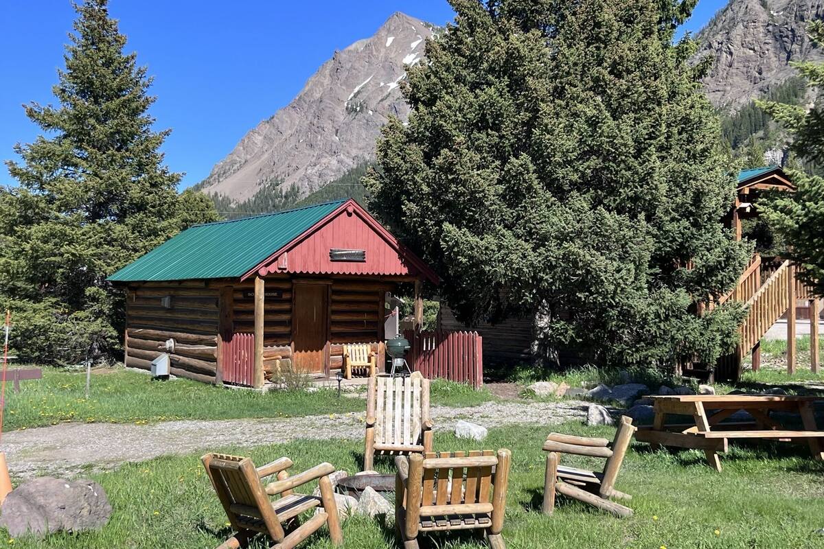 A rustic log cabin with a green roof, surrounded by a grassy area with wooden benches and a picnic table.