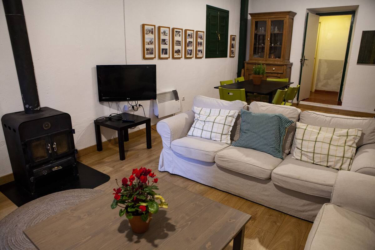 Una sala de estar con un sofá, un televisor, una mesa de madera con una flor, una estufa negra y un armario.