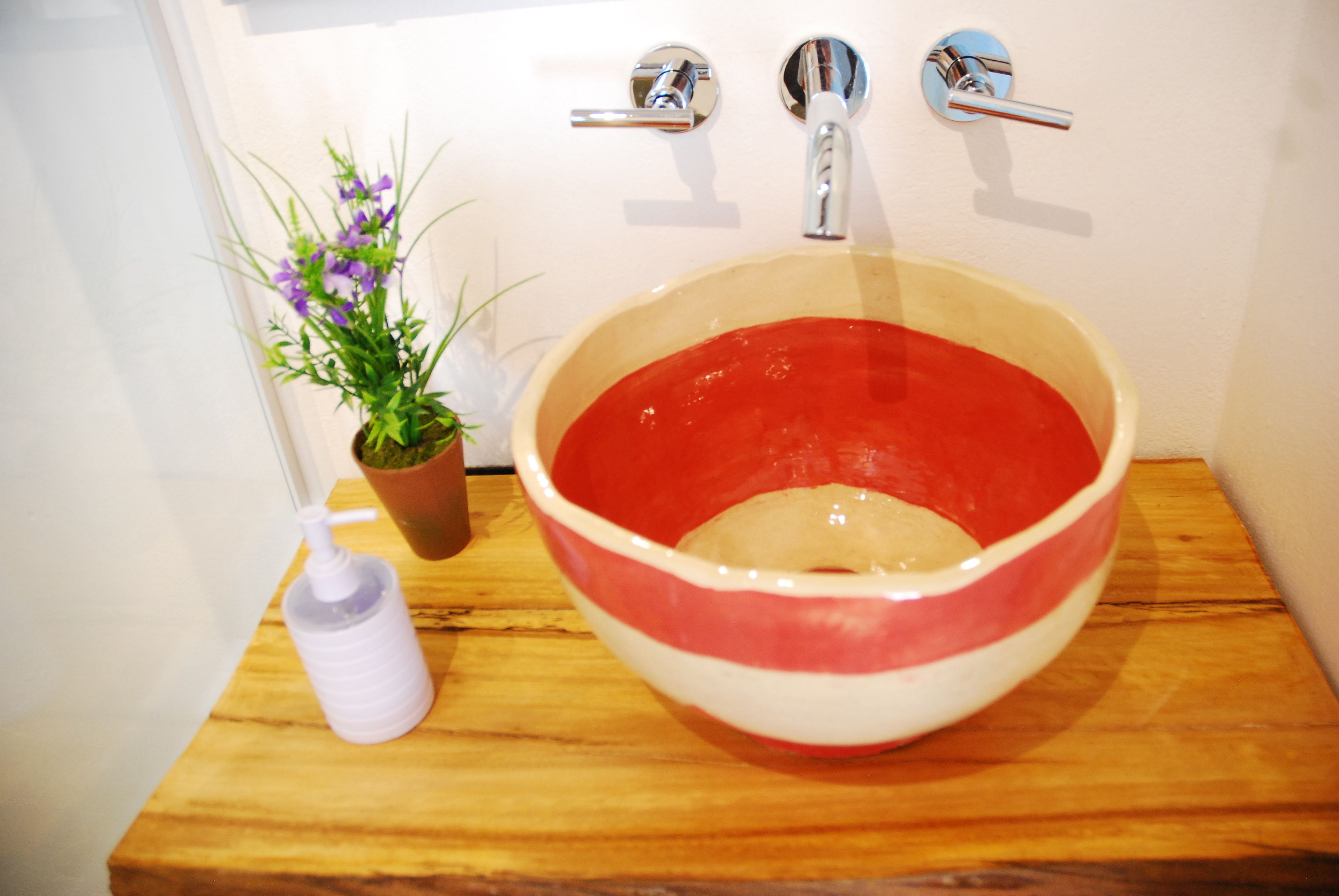 A bathroom sink with a red and white bowl, a potted plant, and a bottle of hand soap on a wooden countertop.