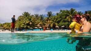 A pool area with clear water, palm trees, and beach chairs. - MAYAN PRINCESS BEACH AND DIVE RESORT (ROATAN)