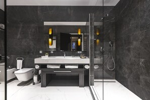 Exclusive Apartment, 1 King Bed | Bathroom | Hair dryer, slippers, towels