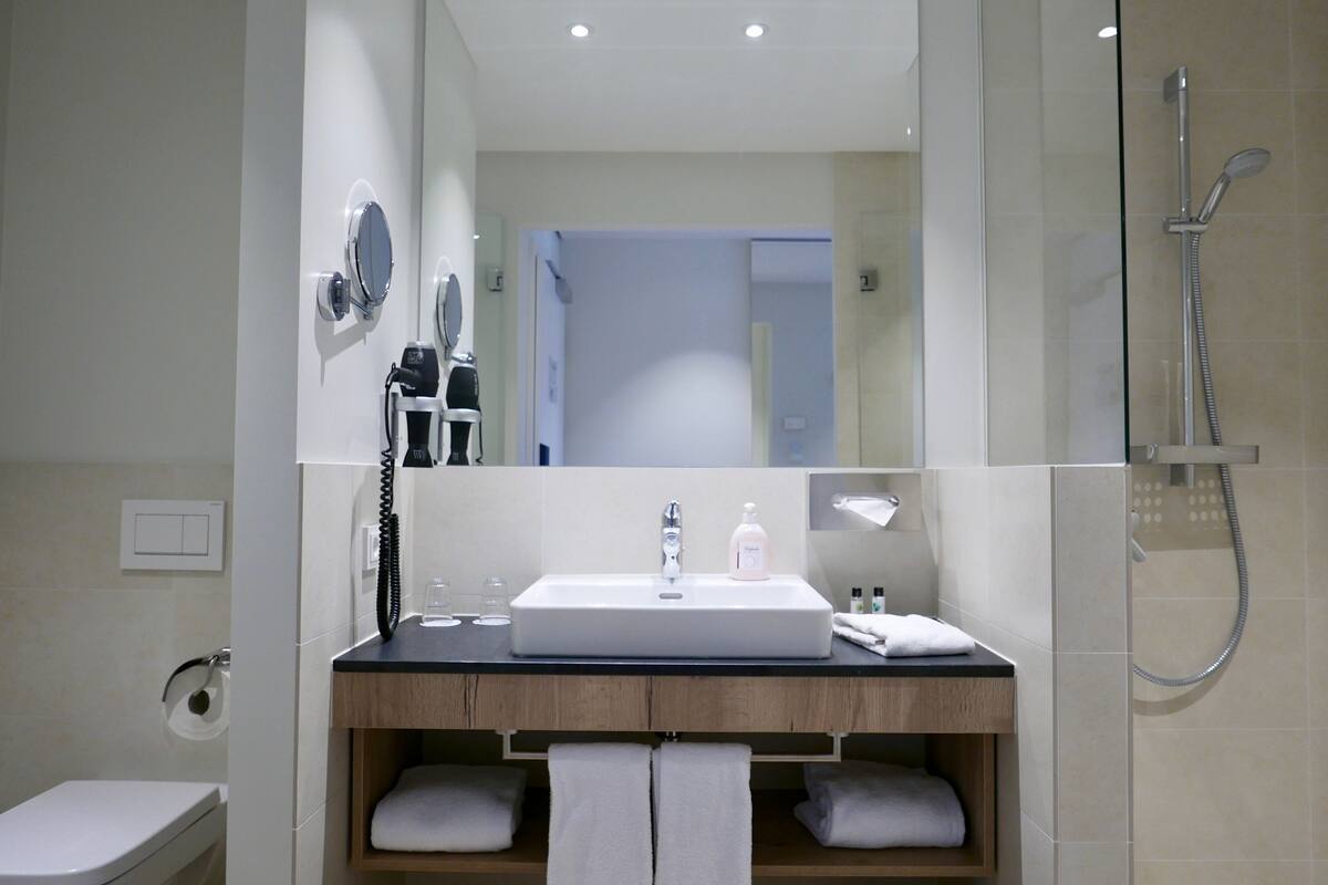 shower, free toiletries, hair dryer, towels