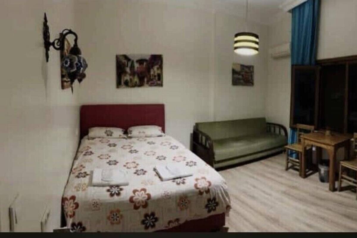 Una habitació amb un llit, un sofà verd, una taula petita amb cadires, una televisió i un frigorífic.