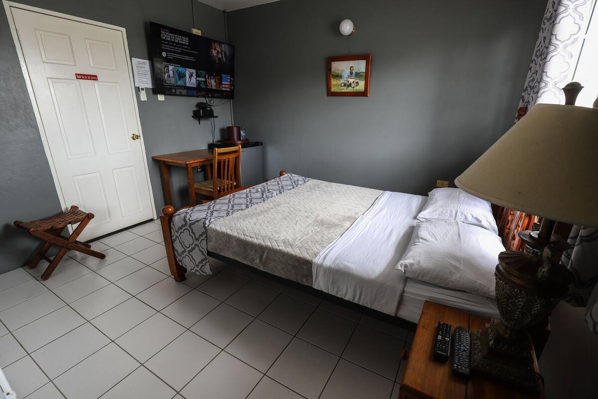 A bedroom with a bed, a desk, a chair, a lamp, and a television.