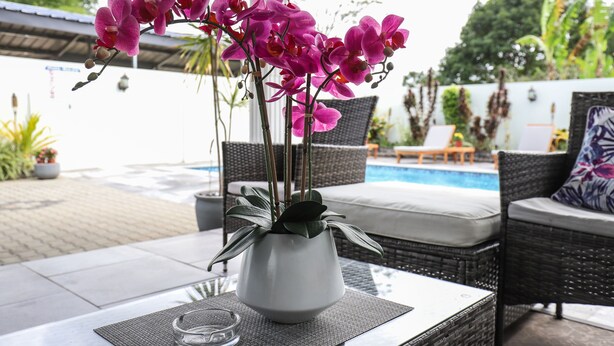 A patio area with a white vase containing pink orchids, wicker furniture, and a pool in the background.