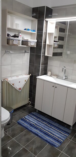 Hair dryer, towels, soap, shampoo