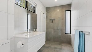 Shower, free toiletries, hair dryer
