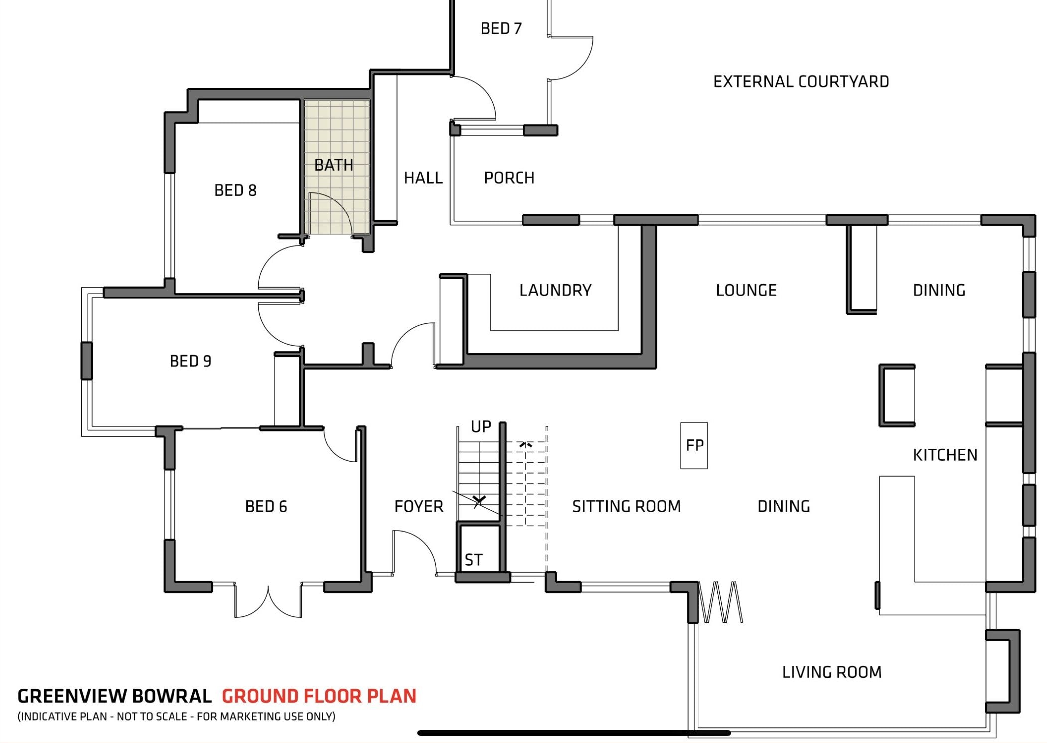 A ground floor plan of Greenview Bowral with labeled rooms including a living room, dining area, kitchen, lounge, sitting room, and multiple bedrooms.