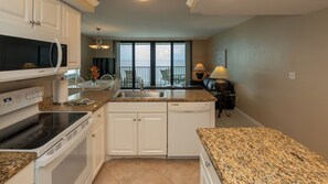 Full-size fridge, microwave, oven, stovetop - Seawinds 801-Beachfront Condominium with Unbeatable Gulf front Views from Oversized Balcony! (Marco Island)