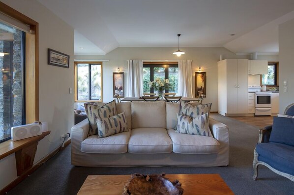 Smart TV, fireplace, books, stereo