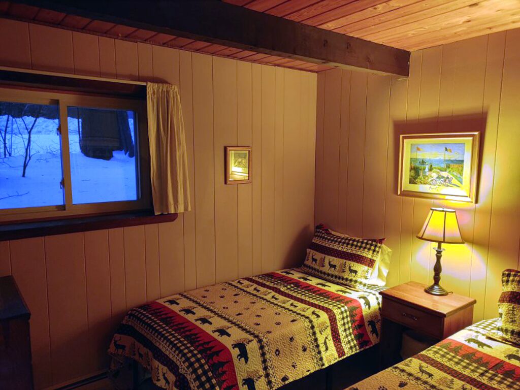 Une pièce confortable avec deux lits, une fenêtre avec des rideaux, une lampe et un tableau encadré au mur.