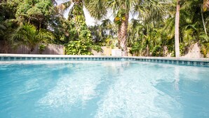 Une piscine aux eaux cristallines, entourée d’une végétation luxuriante et délimitée par une clôture en bois.