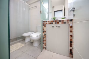 Shower, hair dryer, towels