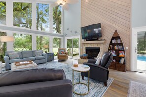 Smart TV, fireplace, video games, DVD player