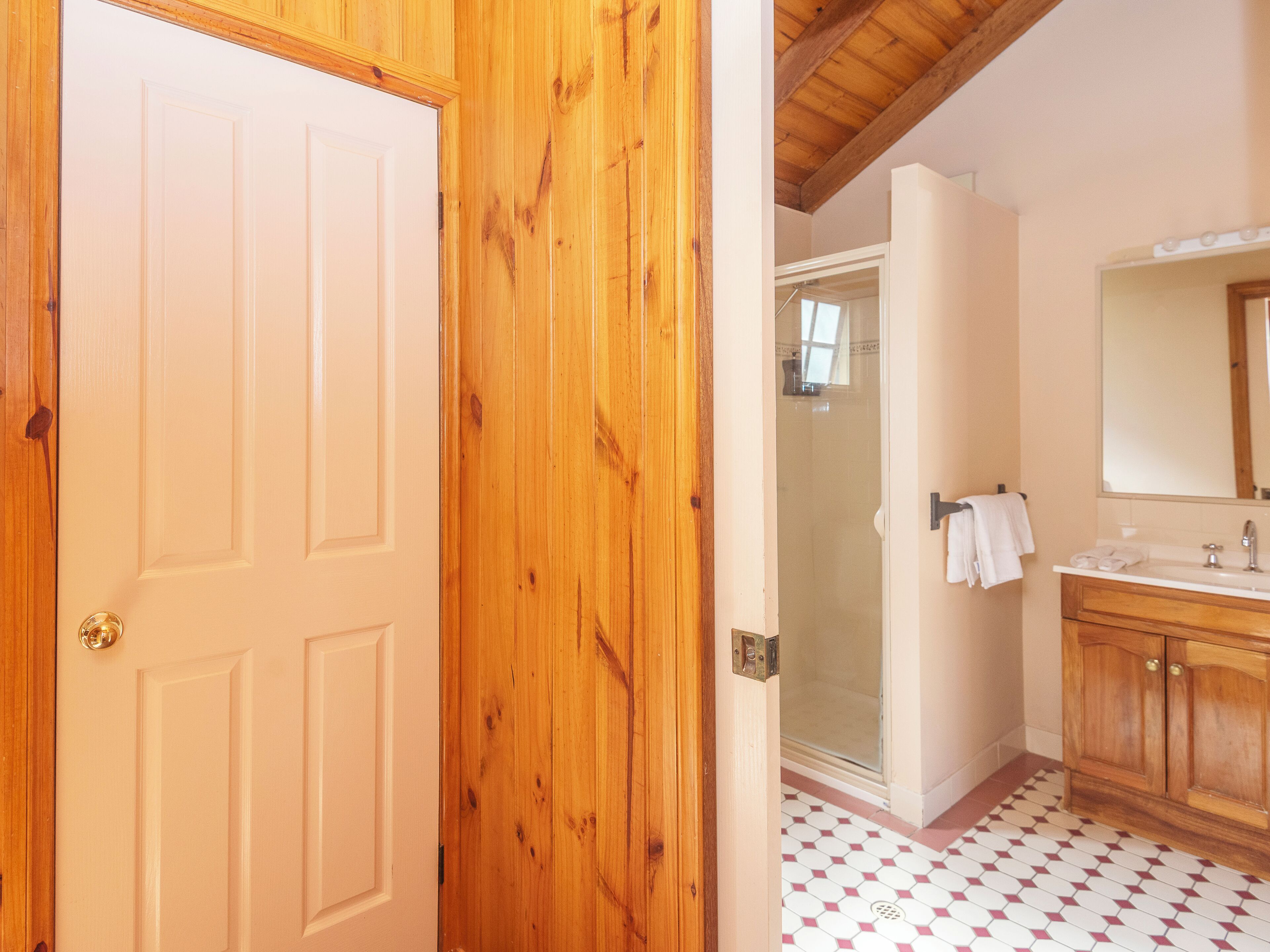 Puerta de madera que da a un baño con ducha, lavabo y espejo.
