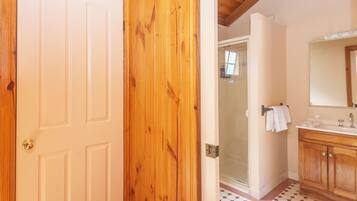 Puerta de madera que da a un baño con ducha, lavabo y espejo.
