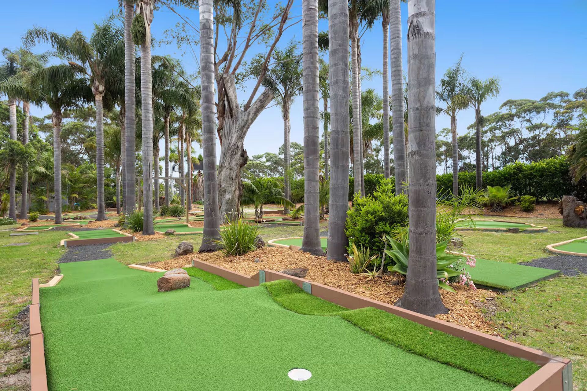 A miniature golf course with green artificial turf, palm trees, and various shrubs.