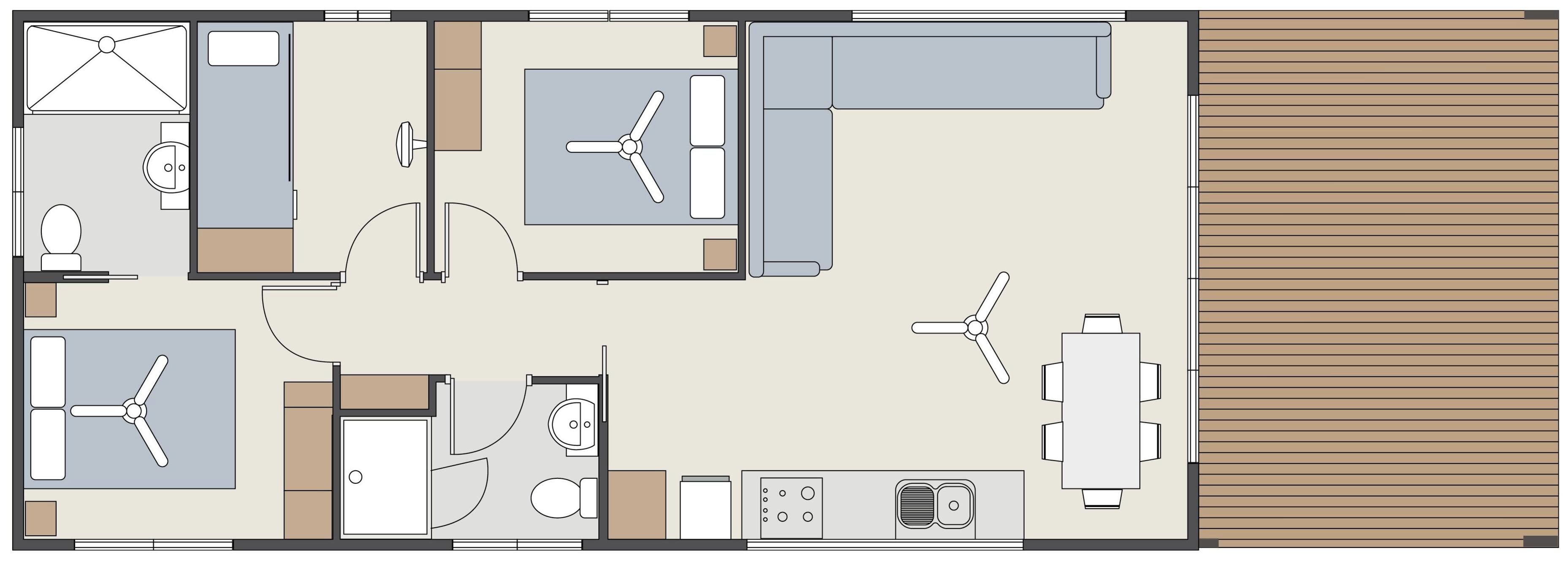Un plan d’étage d’une chambre d’hôtel comprenant un lit, un bureau, une chaise, une salle de bain et une petite kitchenette.