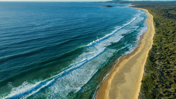 An aerial view of a beach with clear blue waters, a sandy shore, and dense vegetation. - Wairo Beach Holiday Park (Lake Tabourie)
