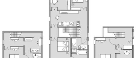A floor plan of a hotel with three bedrooms, a living area, a kitchen, and a bathroom.