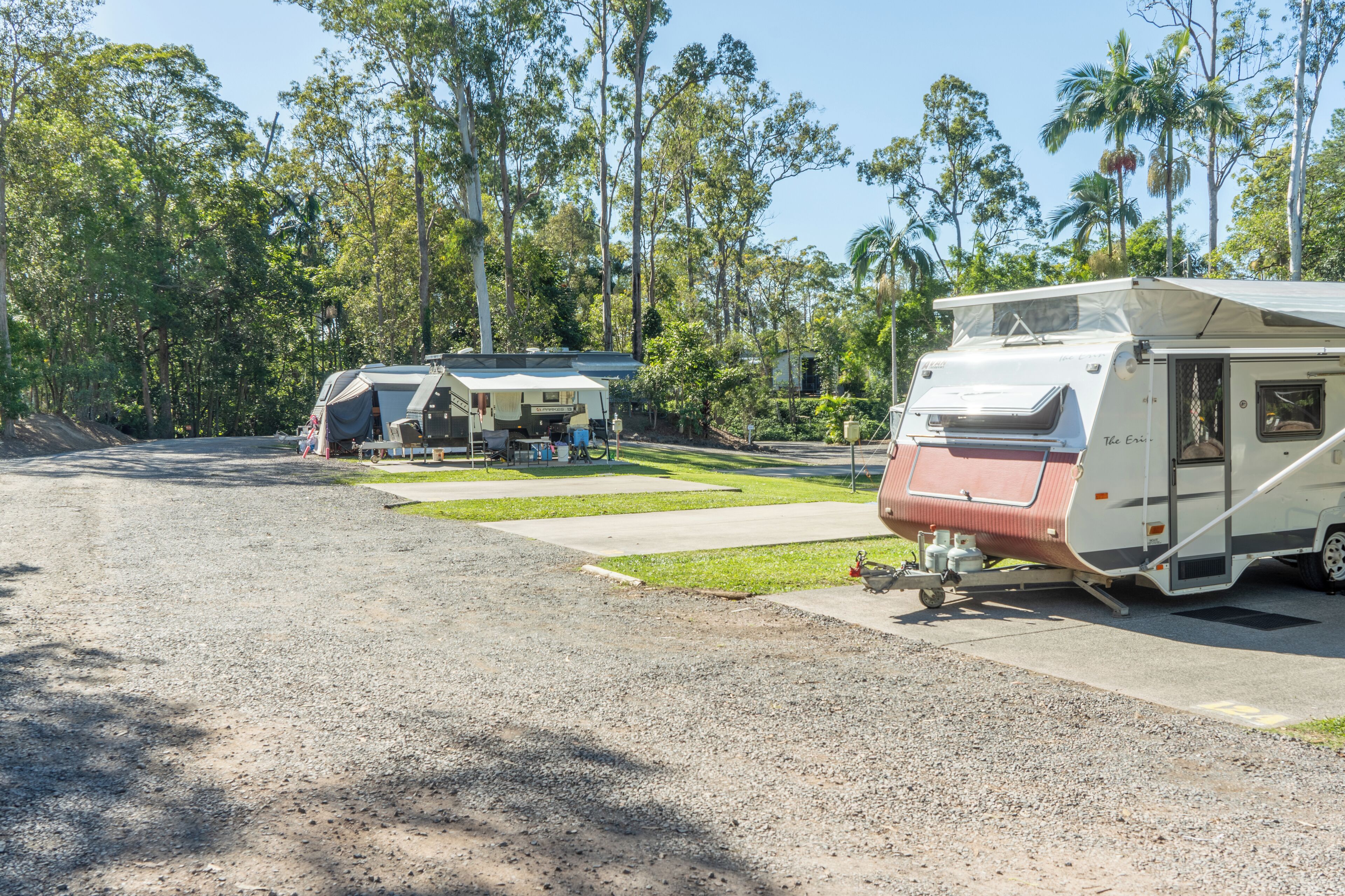 A campsite with RVs parked on a gravel area, surrounded by trees and greenery.