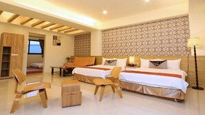 A modern hotel room with two beds, wooden furniture, a small table, and a decorative wall. - Love Back (Ji'an)
