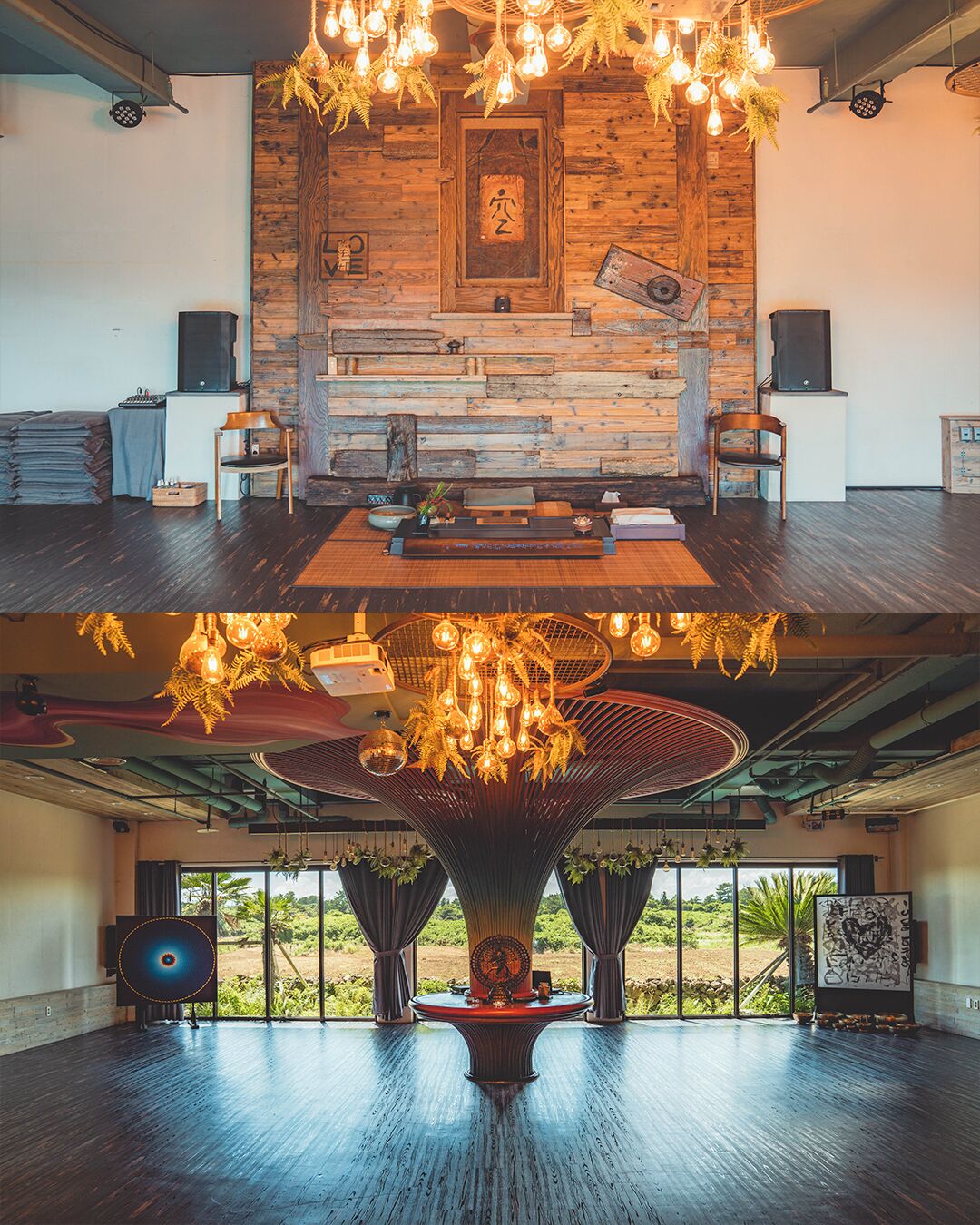 A spacious room with a wooden wall, a large table, and a unique chandelier.