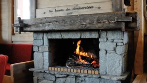 Una chimenea de piedra con fuego encendido, muebles de madera y un cuadro de un oso en la pared.