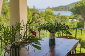 A wooden table with a potted plant on it, set on a balcony with a view of greenery and a body of water in the background. - A Country House by the Sea (Procchio)