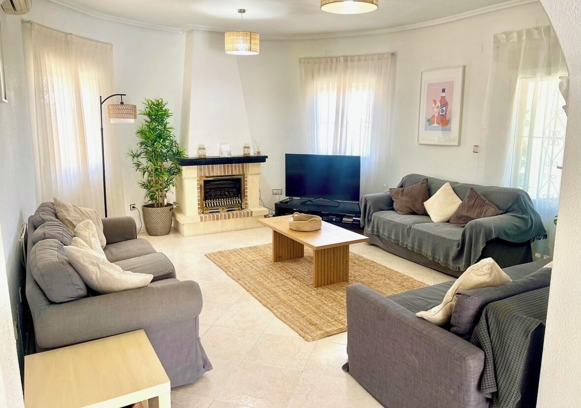 Smart TV, chimenea, reproductor de DVD y libros 