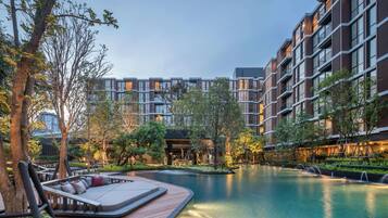 Outdoor pool, pool umbrellas, pool loungers