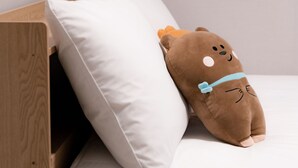 A bed with a white pillow and a brown plush toy. - DAOL guest house (Seoul)