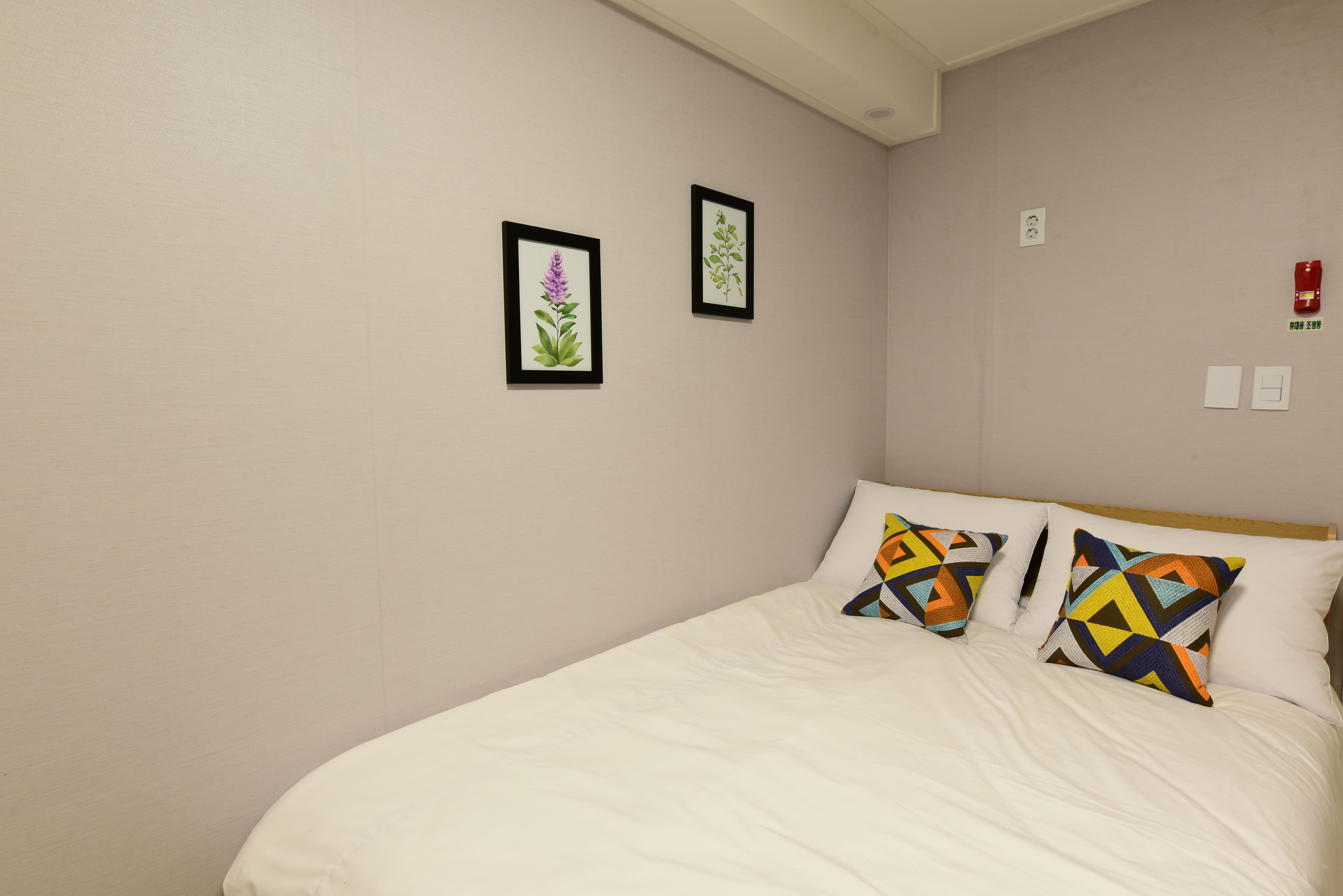 A neatly made bed with white bedding and two colorful geometric pillows, a plain wall with two framed botanical prints, and a visible fire alarm.