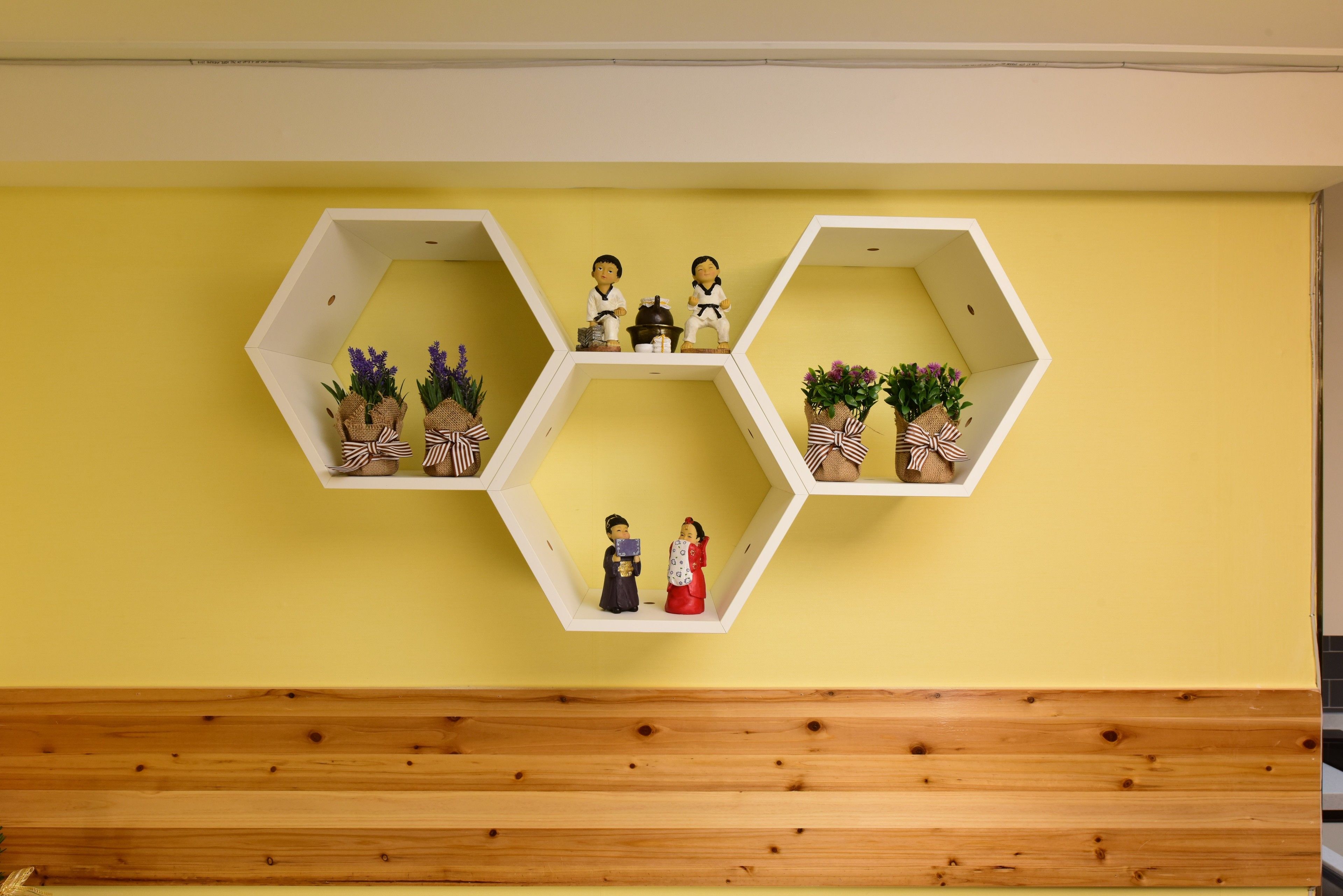 A wall with three hexagonal shelves, each containing figurines and small potted plants.