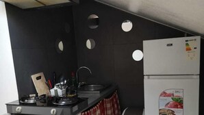 Une cuisine compacte équipée d’une cuisinière à gaz, d’un évier et d’un réfrigérateur blanc. On y trouve une petite poubelle et un torchon à carreaux suspendu au-dessus du comptoir.