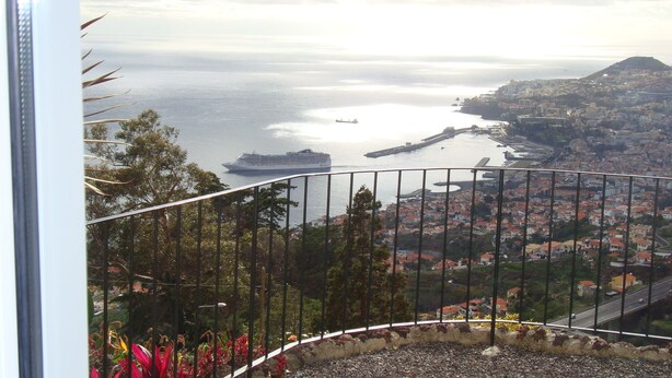 Una ciudad costera con vista al mar, un crucero y una colina con edificios.