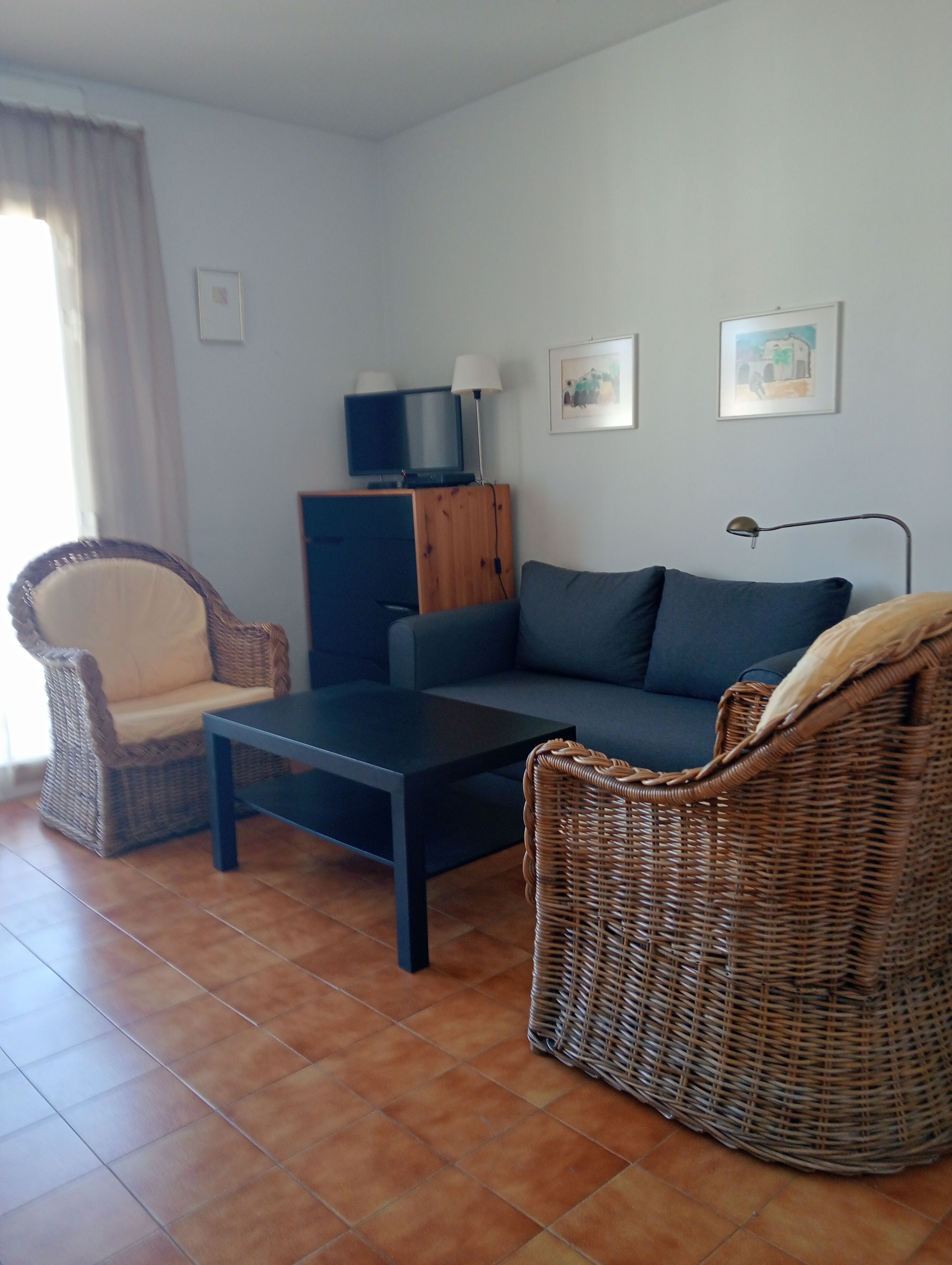 Una Smart TV, una chimenea, un reproductor de DVD, libros