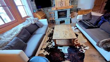 Télévision, cheminée, lecteur de DVD