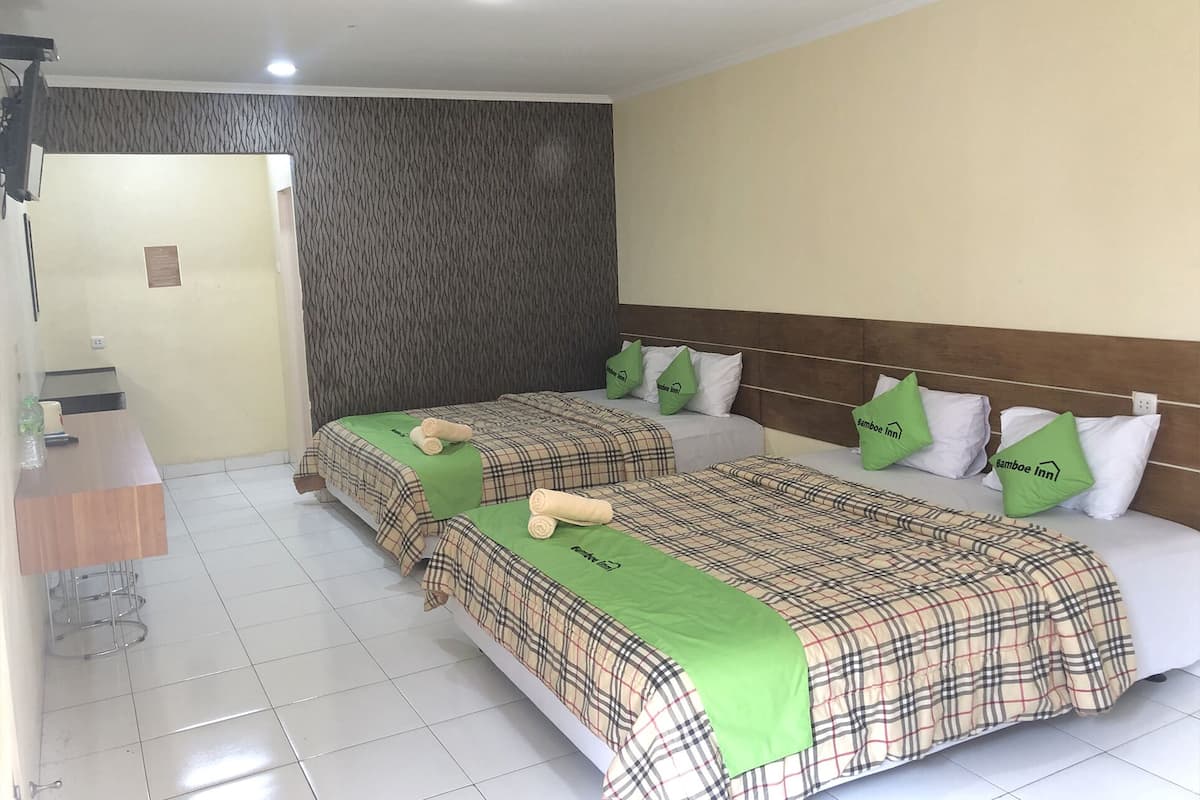 Desk, laptop workspace, free WiFi, bed sheets